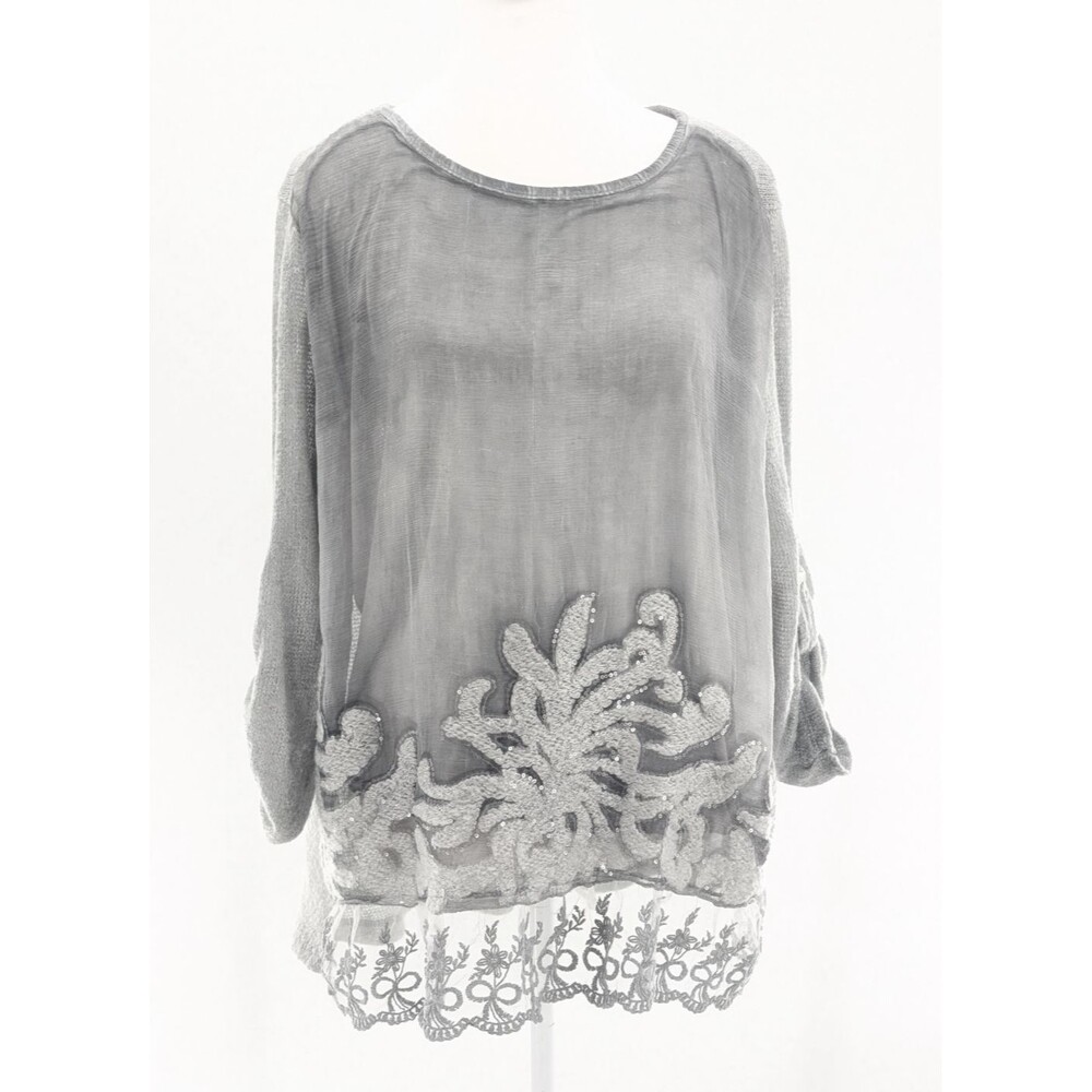 Belle France Gray Layered Sweater Sequins Embroidered Lace Made Italy Size S/M